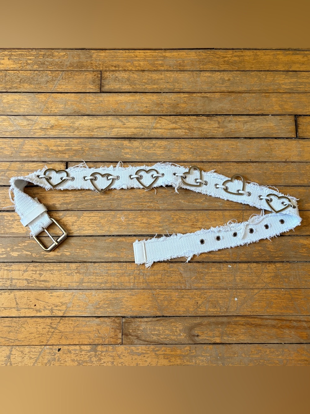 Punk Y2K White Heart-Link Silver Tone Charm Frayed Canvas Waist Belt 32 Inches